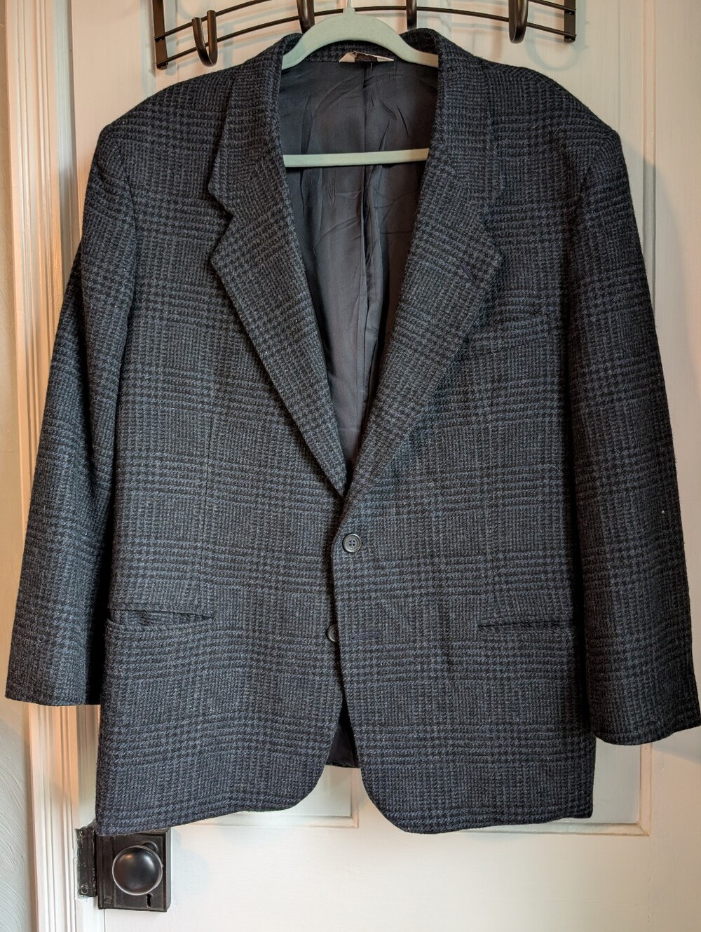 Vintage Wool Blazer, Black And Navy Plaid, L-XL